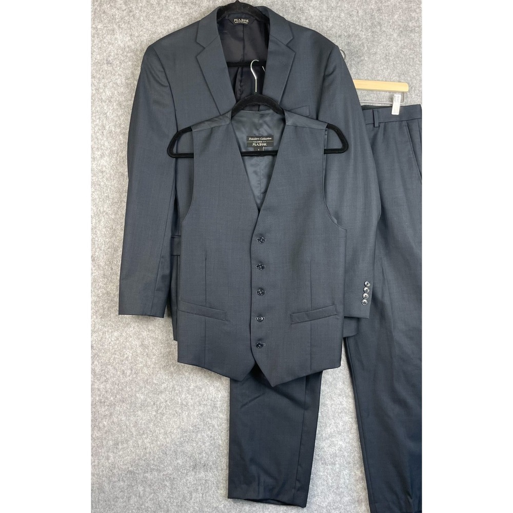 Jos A Bank Travelers 3 Piece Wool Suit Blue 40L 33x30 Slim Fit Flat Front Preppy
